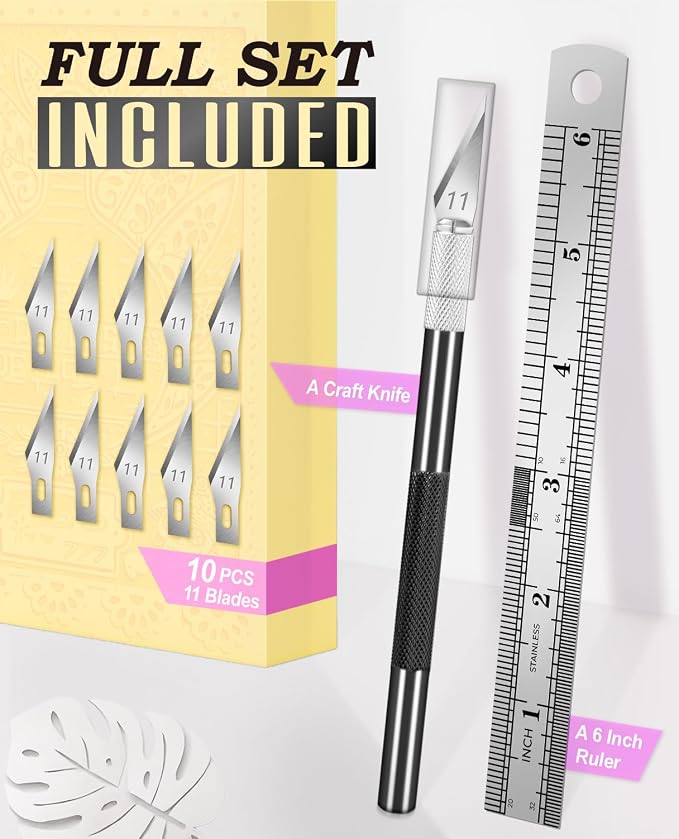 DIYSELF Precision Hobby Knife with 10 Extra #11 Blades, 6-Inch Metal Ruler | Exacto Knife Kit with Steel Ruler for Crafting, Polymer Clay, Paper, Vinyl & Model Projects, Crafters & Modelers, Black