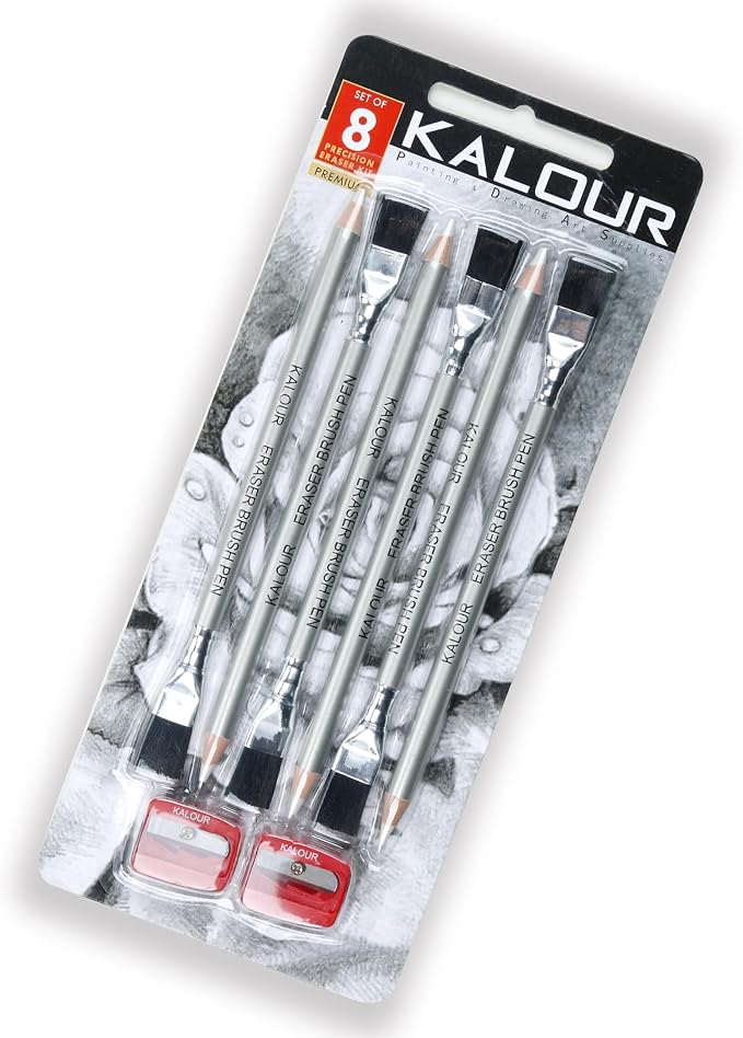 KALOUR Detail Eraser Pencil - 6pc Pencils with Brush and 2pc Sharpener,Erasing Small Details or add Highlights for Sketching, Charcoal Drawings. Fine Detail Eraser for Beginners & Artists