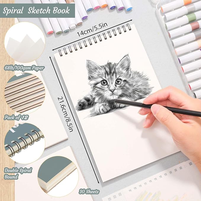 12 Pack Sketch Books 5.5 × 8.5 in, Top Spiral, 30 Sheets, Acid Free | 100gsm Paper, Dry Media Friendly, Acid-Free Paper, Portable Size, Flat-Lay Spiral Design