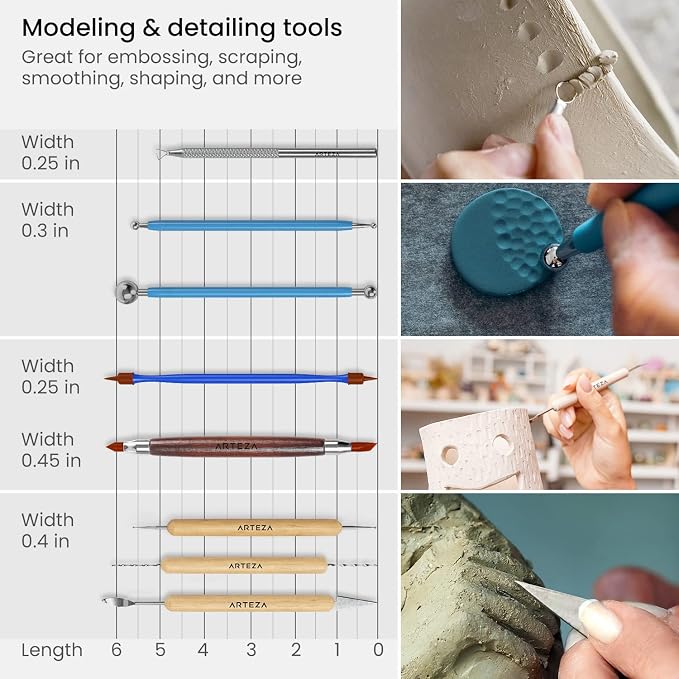 ARTEZA Pottery and Sculpting Tools, 22-Piece Set for Modeling and Carving | Steel and Silicone Ends, Wooden Handles, Wheel Cutter, Rolling Pin, Stylus and Ribbon Tools, For Wet Clay and Ceramics