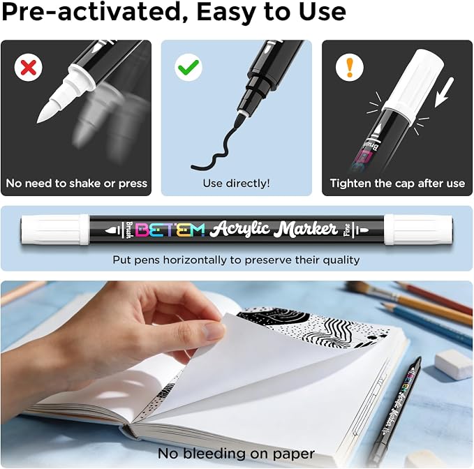 Betem 2 Black & White Paint Markers for Glass, Dual Tip Acrylic Paint Pens | Window, Fabric, Wood, Rock, Canvas, Acrylic Markers with Fine & Brush Tip, Art & Craft Supplies, Wine Glass Markers