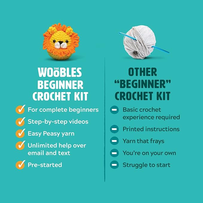 The Woobles Crochet Kit for Beginners (JoJo the Bunny) | As seen on Shark Tank, Kit includes: Easy Peasy Yarn, pre-started piece, hook, safety eyes, stuffing, video tutorials