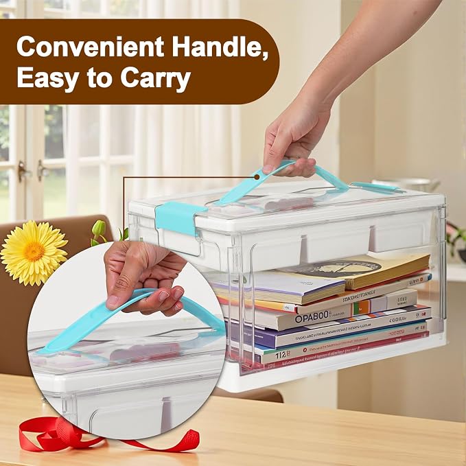 24QT Clear Plastic Craft Organizers and Storage, Art Supply Organizer with Removable Tray and Dividers, Craft Supplies Organizer with Handle, Arts and Crafts Bin for Sewing, Coloring Book, Crayon