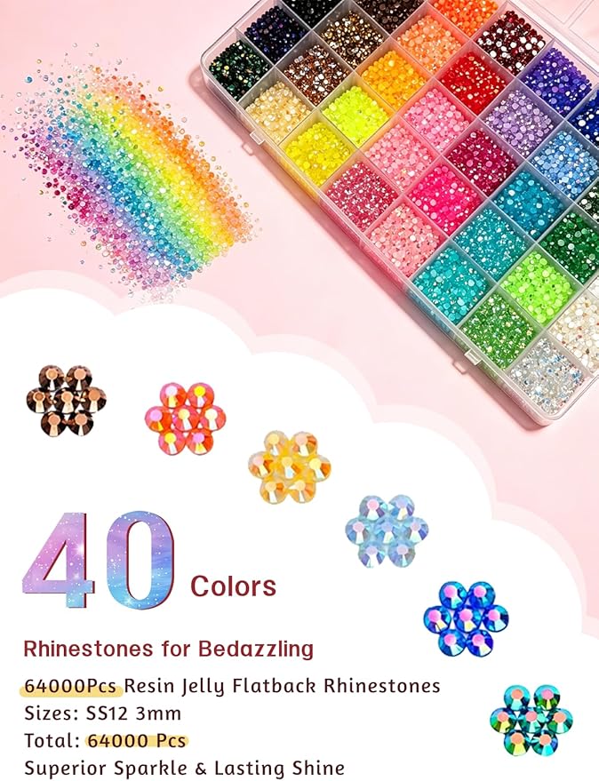 64032Pcs Bedazzling Kit, 40Colors 3mm Bedazzler Kit with Rhinestones