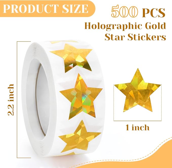 Imeepa 500PCS Holographic Gold Star Stickers, 1" Sparkly Lables for Kids