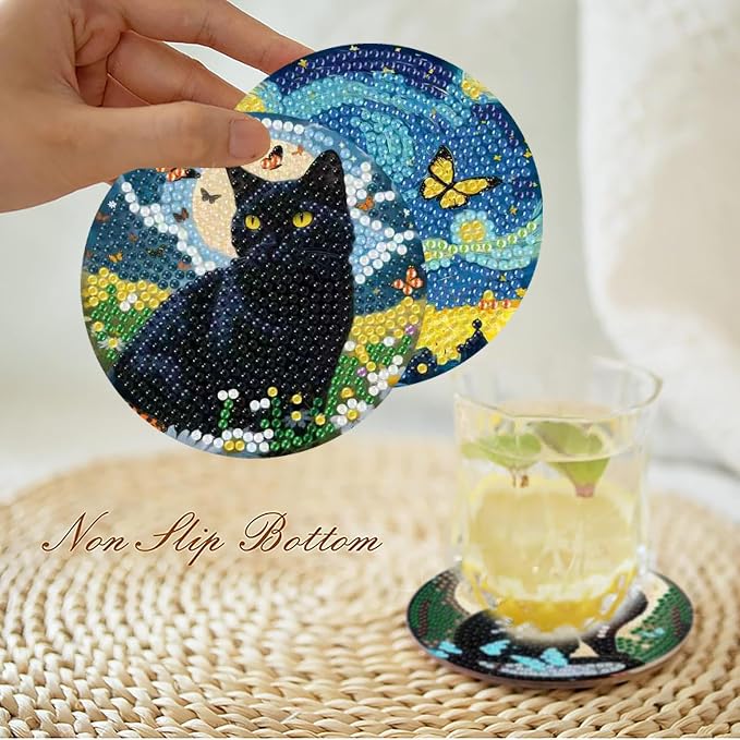askkqtx 8 Pcs Black Cat Diamond Art Coasters Kits with Holder 4X4 Inch