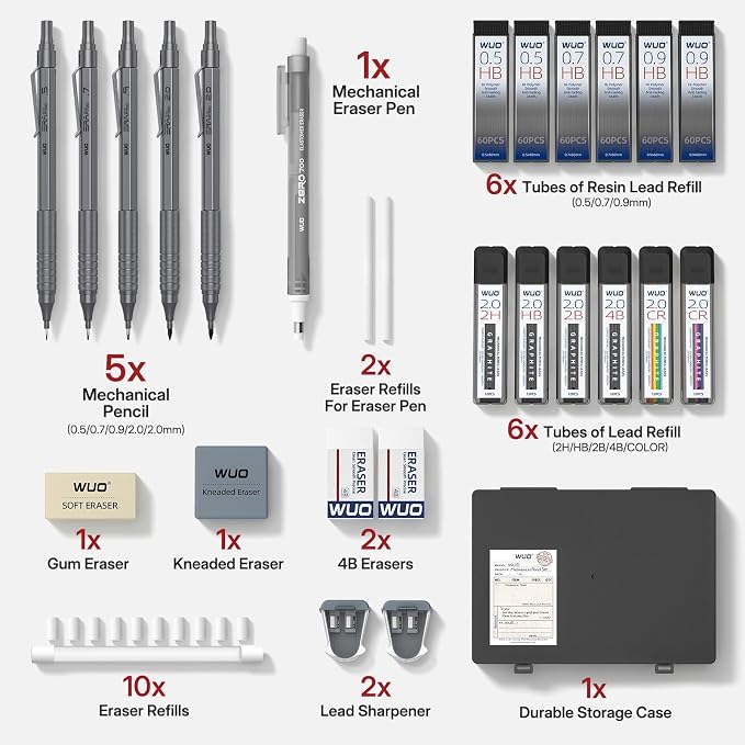 WUO Mechanical Pencil Set, 5 Pack Drafting Pencils 0.5/0.7/0.9/2.0/2.0mm