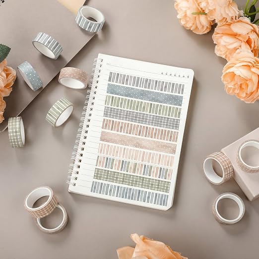 12 Rolls Floral Washi Tape Set,Watercolor,Stripes and Plaid | Watercolor Flowers Design for Scrapbook Journal DIY Craft School Supplies, 15 mm Vintage Decorative Masking Washi Tapes