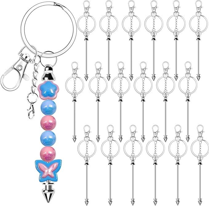 18 Pack Beadable Keychains Bars DIY Blank Beadable Keychains Metal Beaded Keychain Sliver Beads Keychain Making Kit for DIY Crafts Supplies Jewelry Making Gift