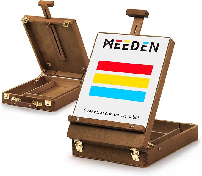 MEEDEN Table Top Easel for Painting: Portable Tabletop Easel with Storage | Wood Easel for Adults - Sketch Box Easel for Students Artist Beginner - Art Desk Easel for Plein Air Walnut 15"x10.5"