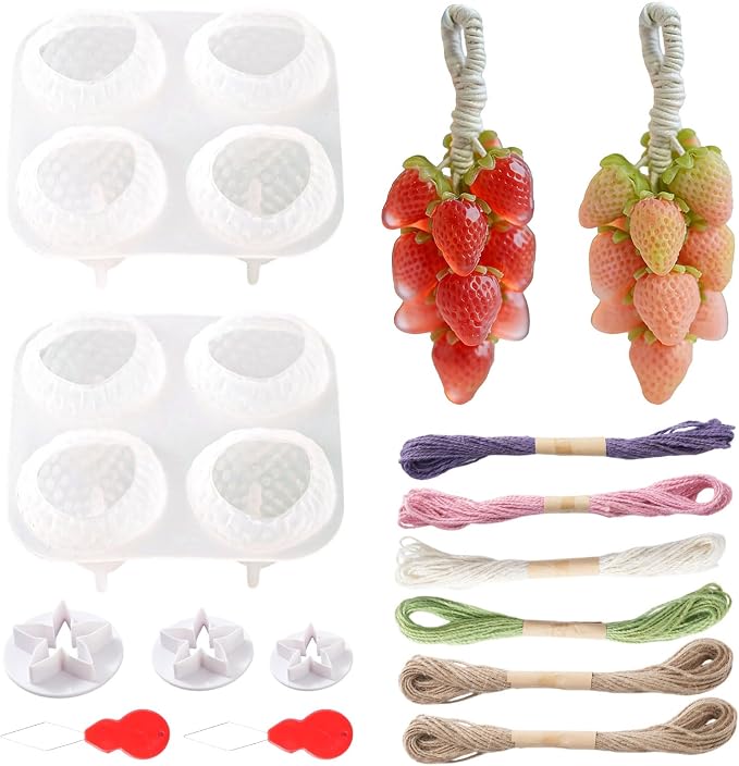 Strawberry Silicone Soap Mold Kit, DIY Soap Making Set with 2 Strawberry Molds, 3 Leaf Molds, Twine & Threaders, Handmade Soap Supplies for Crafts, Gifts & Beginners