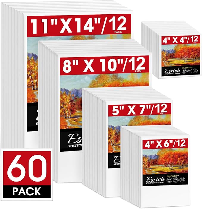 ESRICH Stretched Canvas for Painting, 60 Pack Multi Size11x14, 8x10, 5x7, 4x6, 4x4, Blank Primed Canvases for Oil & Acrylic Painting, Painting Canvas Supplies for Beginners, Artists(12 of Each).
