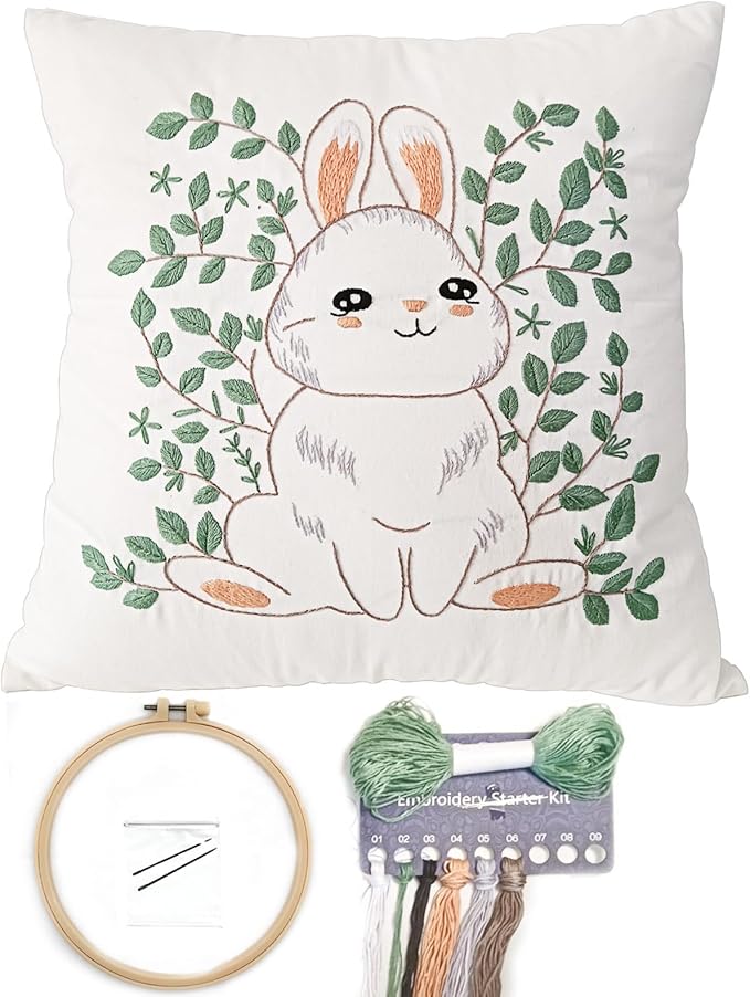 FONNUY Easter Throw Pillow Case Embroidery Kit, Eucalyptus Leaves Happy Rabbit Bunny Stamped Pattern Kits for Audlt Beginners, Hand Works Crafts Throw Pillow Cover, 18 x 18'' (Rabbit 01)