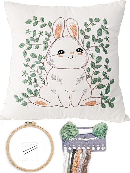 FONNUY Easter Throw Pillow Case Embroidery Kit, Eucalyptus Leaves Happy Rabbit Bunny Stamped Pattern Kits for Audlt Beginners, Hand Works Crafts Throw Pillow Cover, 18 x 18'' (Rabbit 01)