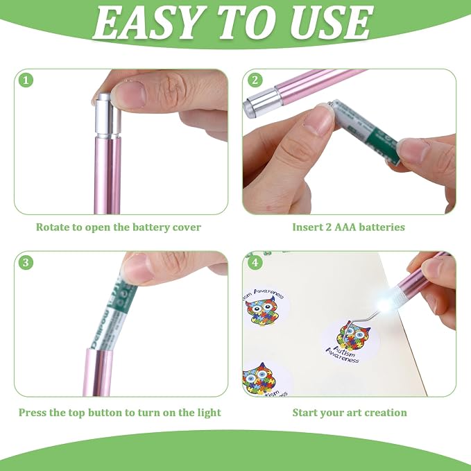 Therwen 2 Pcs LED Vinyl Weeding Pen Tools with Hook Tips, Pink, Green | Built-in LED Light, Tiny Vinyl Detail Removal, for Heat Transfer, Compatible with Silhouette Machines