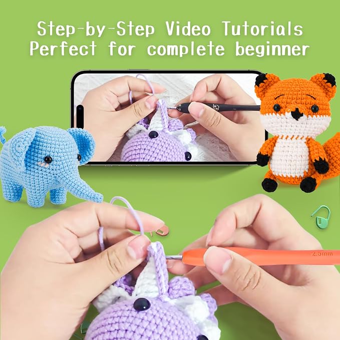 Gerute Crochet Kit for Beginners, 6 PCS Amigurumi Animal Family Starter Kit with Step-by-Step Video Tutorials & Illustrated Guide, 40% Extra Yarn, DIY Family Craft Gifts for Adults & Kids