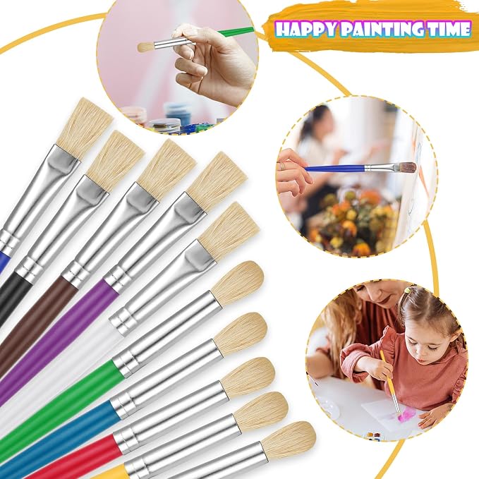 YGAOHF Kids Paint Brush Set, 10 Pcs Round and Flat, Easy Hold and Clean Toddler & Preschool Brushes for Acrylic, Oil, Watercolor, Washable Paint