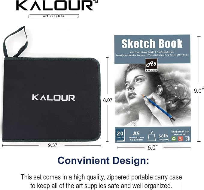 KALOUR 34 Sketching Pencil Set with Sketchbook - Zippered Travel Case - Sketch,Charcoal,Eraser - Art Drawing Supplies for Beginner, Kids,Adults
