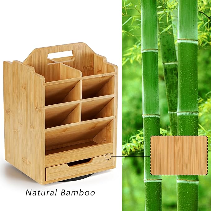 SOUJOY Bamboo Pen Holder Organizer, 360°Rotating Art Supply Storage Caddy, Hold 400+ Pencils, 15 compartments Office Desk Stand Box with Handle for Marker Pens, Colored Pencil, Art Brushes