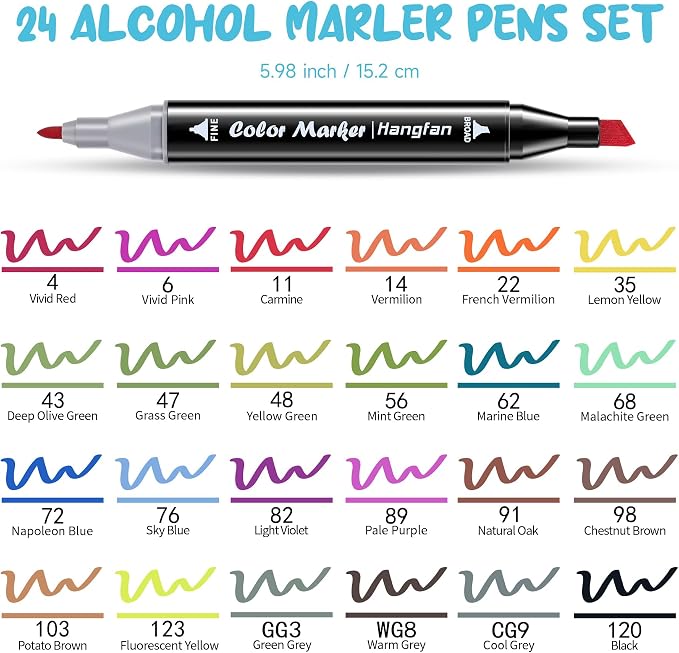 24 Colors Alcohol Markers, Dual Tip Art Markers, Perfect for Beginner, Drawing, Sketching, Illustration