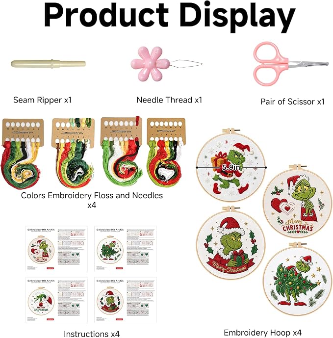 TPZBWG Embroidery Kit, 4 Pack Cross Stitch Kits,DIY Embroidery Starter Kit for Adults & Beginners, DIY Needlepoint Kit with Embroidery Hoop Thread Needle for Craft Lover Birthday Gifts (Green& White)
