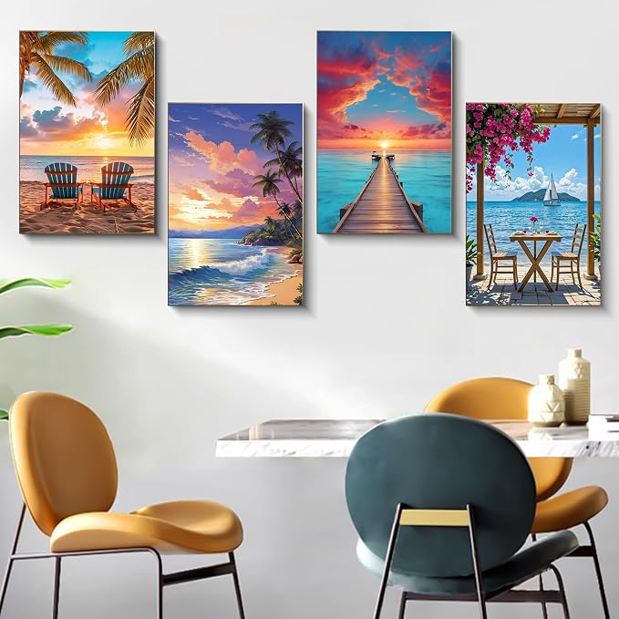 4 Pack Framed Paint by Numbers Kit for Adults Beach with Wooden Easel | With Frame Canvas 8x12 IN, For Adults Beginner, DIY Acrylic Painting Landscape, Stress Relief Craft Kit, Home Wall Decor Gift