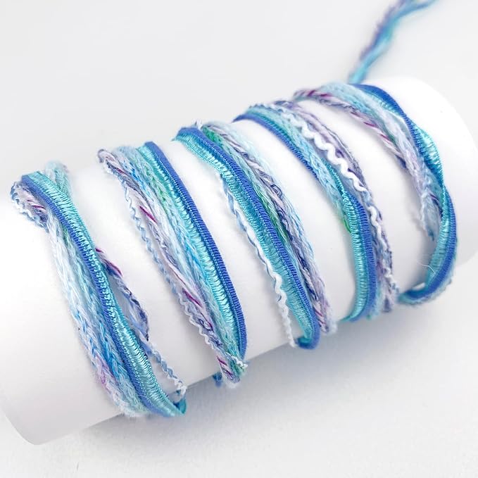 Hand-Blended Multifiber Multicolored Fancy Yarn with Subtle Shimmering Threads for Knitting Crocheting Crafts DIY, Set of 3 Rolls (Mint Blue)