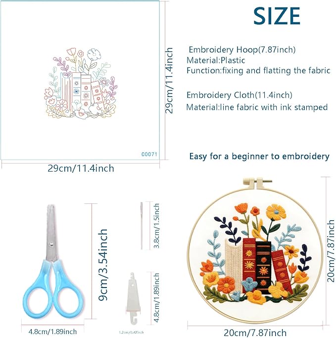 Zhenqing Book Lover Embroidery Kit for Beginners, Floral Book Stack Needlework Craft with Pre-Printed Cotton Fabric, Hoop, Threads & Tools, Reading Decor (C0071)