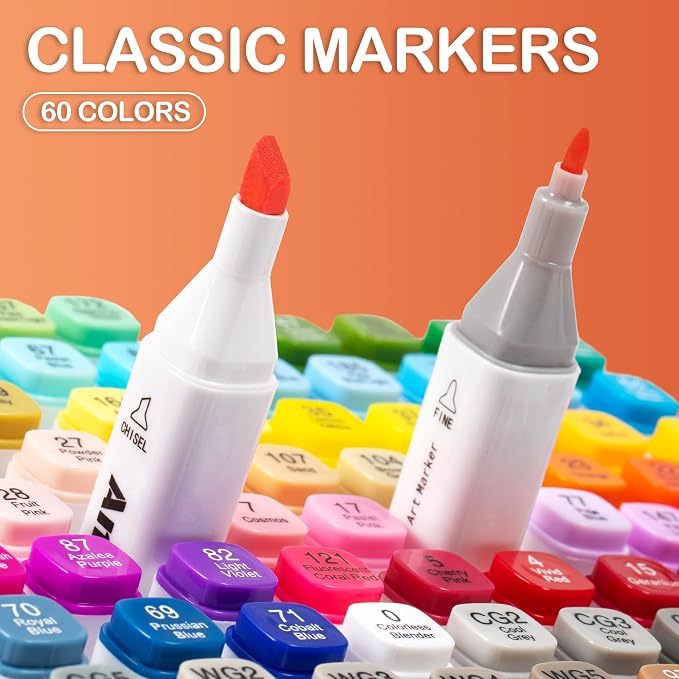 AnyMark 60 Colors Alcohol Markers Chisel & Fine Dual Tip | Coloring Markers Set for Adult Book Drawing Sketching Painting, Illustration, White Penholder