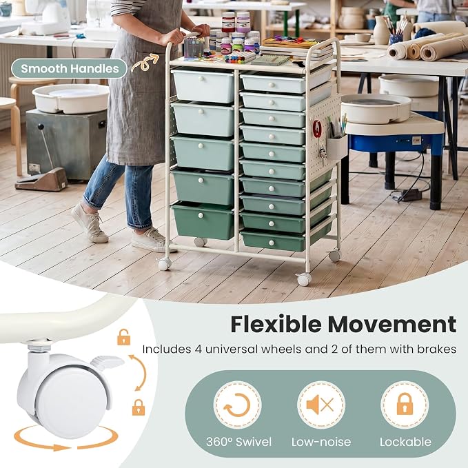 Giantex 15 Drawer Storage Cart, Rolling Craft Cart with Metal Tabletop & Pegboard, Mobile Utility Organizer Trolley with Locking Wheels, Home Office, Classroom, Teacher Supplies, Green Gradient