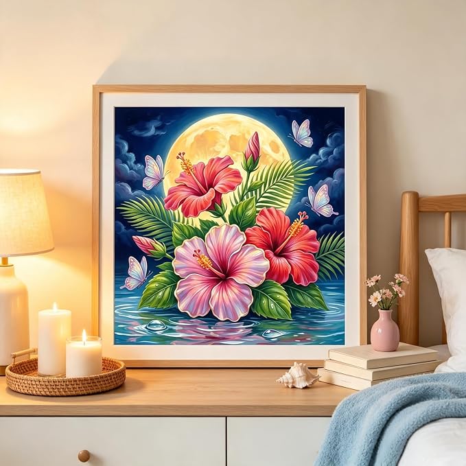Hibiscus Flower Diamond Painting Kits for Adults,Moon Diamond Art Kits | DIY Full Round Drill Gem Painting Tropical Floral Paint by Diamonds Relaxing Craft for Home Wall Decor 13.75x13.75In