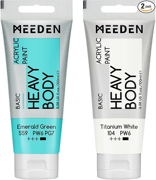 MEEDEN Acrylic Paint Emerald Green: 100ml/3.38oz x 2 with Titanium White | Heavy Body Artist Acrylic Paint Set for Canvas, Wood & Craft, Non-toxic Creamy Art Paint with Titanium White for Mixing