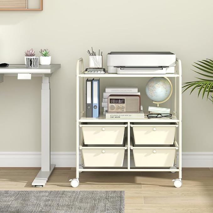 Giantex Rolling Storage Cart w/ 4 Drawers 2 Shelves Metal Rack Shelf Home Office School Beauty Salon Utility Organizer Cart with Wheels, Ivory