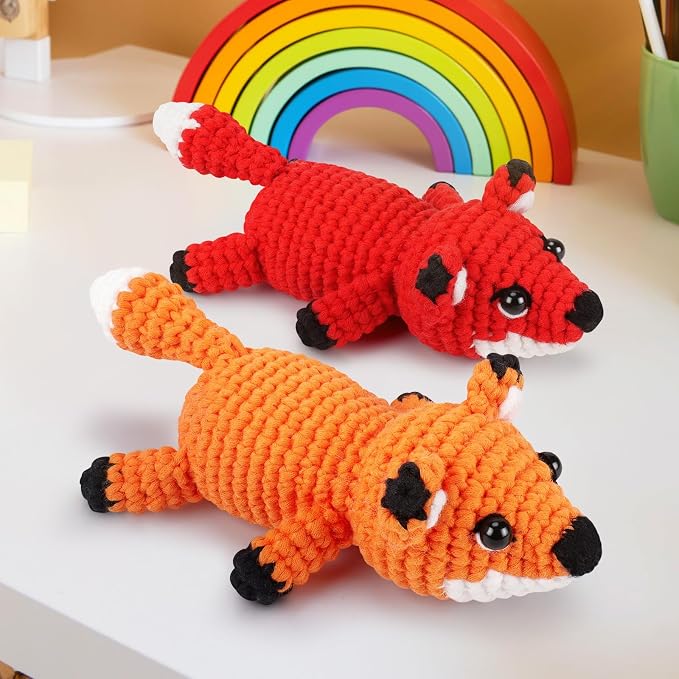 Crochet Kit for Beginners - 2 PCS Fox Crochet Kits with Step-by-Step Video Tutorials, Beginner Crochet Kit for Adults, Crochet Animal Kit, Crochet Fox Set