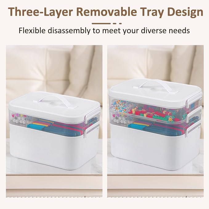 3-Layer Plastic Craft Organizers and Storage Box with Removable Trays, Storage Containers with lids and Handle, Art Supply Storage Organizer for Bead, Ornament, Nail Polish, Tape（10.62"x9"x7.67"）