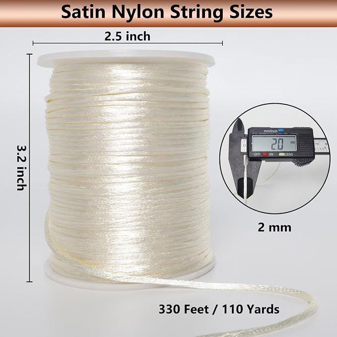 LUSTEMBER 2 mm x 330 Feet Satin Nylon Cord, Silky Smooth Nylon String for Jewelry Making Bracelet Necklaces Beading Thread Rattail Macrame Kumihimo Chinese Knot Craft