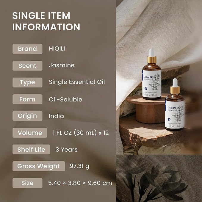 HIQILI Jasmine Essential Oil Set for Skincare, Diffuser & DIY Making