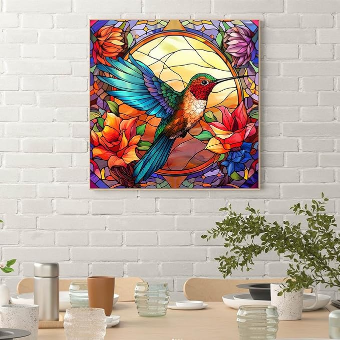 Hummingbird Diamond Painting Kits for Adults - Stained Glass Diamond Art Kits for Adults Beginner, DIY Full Drill Diamond Dots Paintings with Diamonds 5D Gem Art and Crafts Home Wall Decor 14x14inch