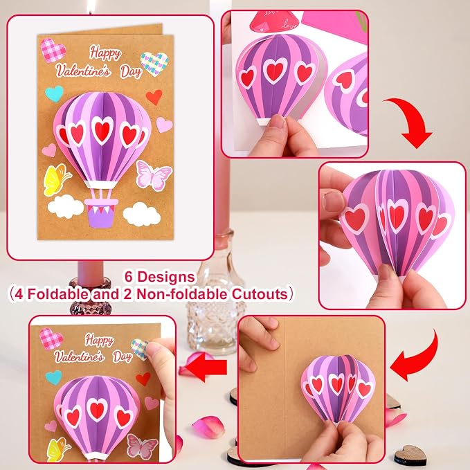 ceiba tree Valentine's Day Crafts for Kids Cards Making Kits 12 Pcs DIY 3D Hot Air Balloon Bouquet Greeting Card with Cutouts Sticker and Envelopes Bulk for Classroom Activities Party Favors