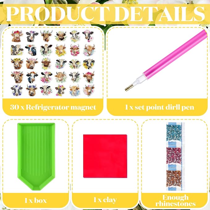 Remuuly 30 Pcs Highland Cow Diamond Painting Magnets Diamond Art Magnet Kit | Cow Diamond Art Kits for Adults, Refrigerator Magnet, 5D Rhinestone Fridge Magnetic Sticker, Diamond Club Gifts, DIY Crafts
