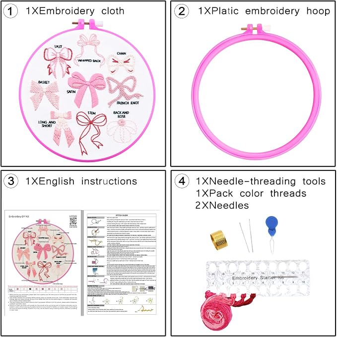 Pink Bowknot Embroidery Kits for Beginners Adults, Cute Hand Embroidery Starter Kits, Counted Cross Stitch Kits for Beginners DIY Craft Kits for Adults Women, Embroidery Hoops, Thread & Video Tutorial