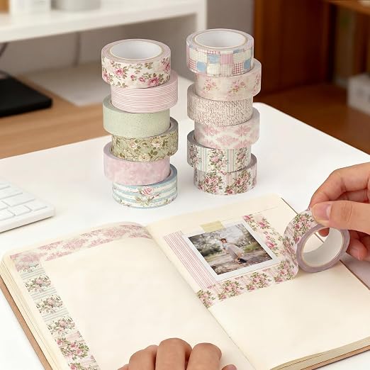 12 Rolls Floral Washi Tape Set,Vintage Pink,Cottagecore | Watercolor Flowers Design for Scrapbook Journal DIY Craft School Supplies, 15 mm Vintage Decorative Masking Washi Tapes