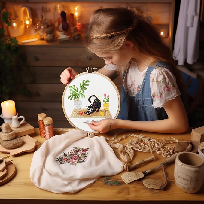 Bonroy 4 Sets Embroidery Set for Beginners, Art Craft, Easy Sewing, Includes Embroidery Clothing, Pattern, Embroidery Hoop, Instruction Manual, Colorful Thread Stitch Set (Cat)