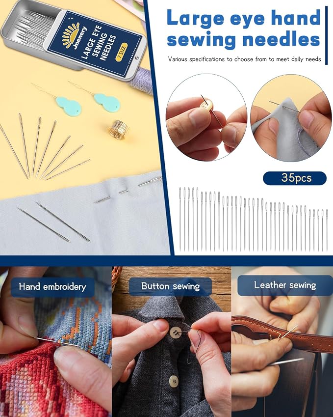 JNENERY Large Eye Sewing Needles 7Sizes Stainless Steel Needles Hand Sewing | 35Pcs Leather, Embroidery, Repair, Quilting- Easy Threading with Threader, Thimble for Crafters, Seniors, Traveler