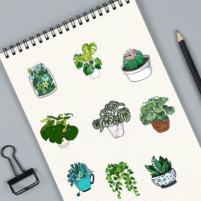 50 Pcs Green Plants Stickers Potted Plant Floral Sticker for Laptops Water Bottles Flower Pots Vases Decorative Phone Book Guitar Vinyl Decals for Kids Teens Adults