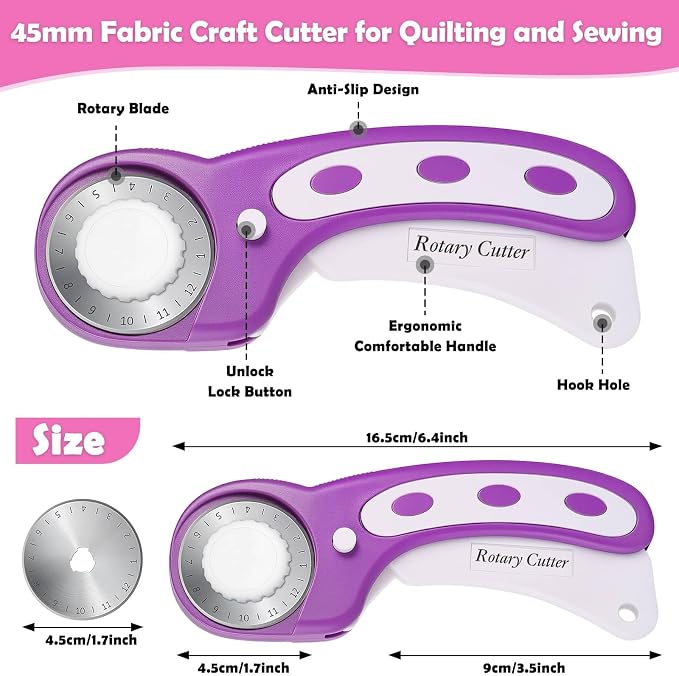 Rotary Fabric Cutter and Mat Set, Audab Self Healing Sewing Mats Shirt Cutter 45mm Rotary Cutting Wheel with Fabric Tool Blades for Cloth Crafts Quilting Scrapbooking Hobby (A4 9" x 12" Purple)