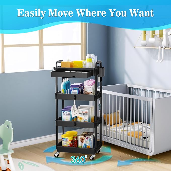 SUNALLY 4 Tier Rolling Cart with Drawer, Craft Storage Cart Organizer,Black