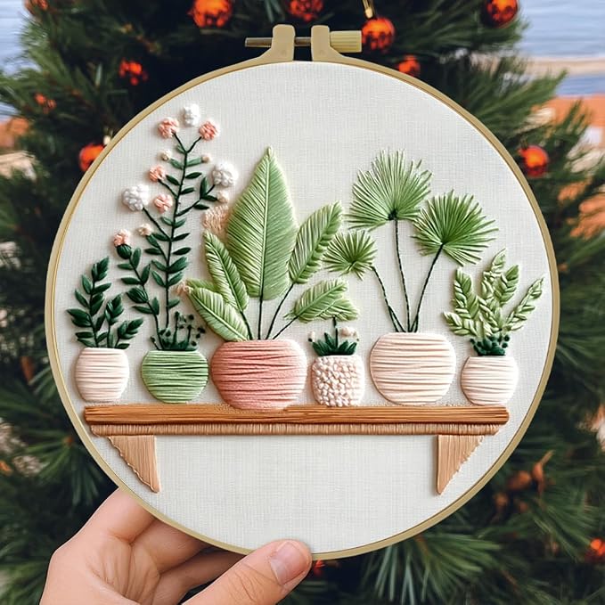 Full Range Embroidery Kit for Adult, Green Plant Pattern Embroidery Kit for Beginners Include Embroidery Cloth Hoops Threads for Craft Lover Hand Stitch with Embroidery Skill Techniques (Plant1)