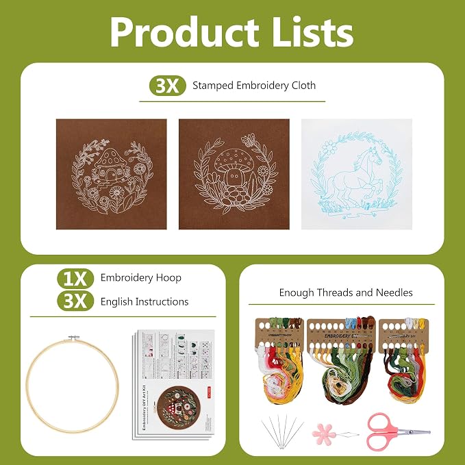 Santune 3 Pack Embroidery Kit Cross Stitch Needlepoint Kits for Beginners Adult Needle Point Sets with Mushroom & Horse Embroidery Patterns, Includes Step-By-Step Instructions & Accessories