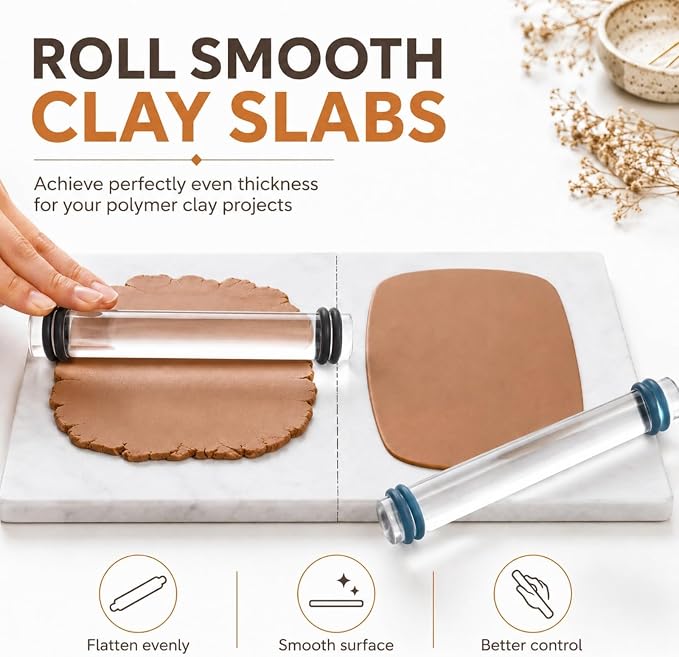 DIYOOHOMY 16pcs Polymer Clay Tools kit, Rolling Pin with Thickness Rings | Air Dry Clay Sculpting Supplies, Small Clear Craft Acrylic Roller, Tissue Blades Cutters Knife, Press Board, Texture Needle